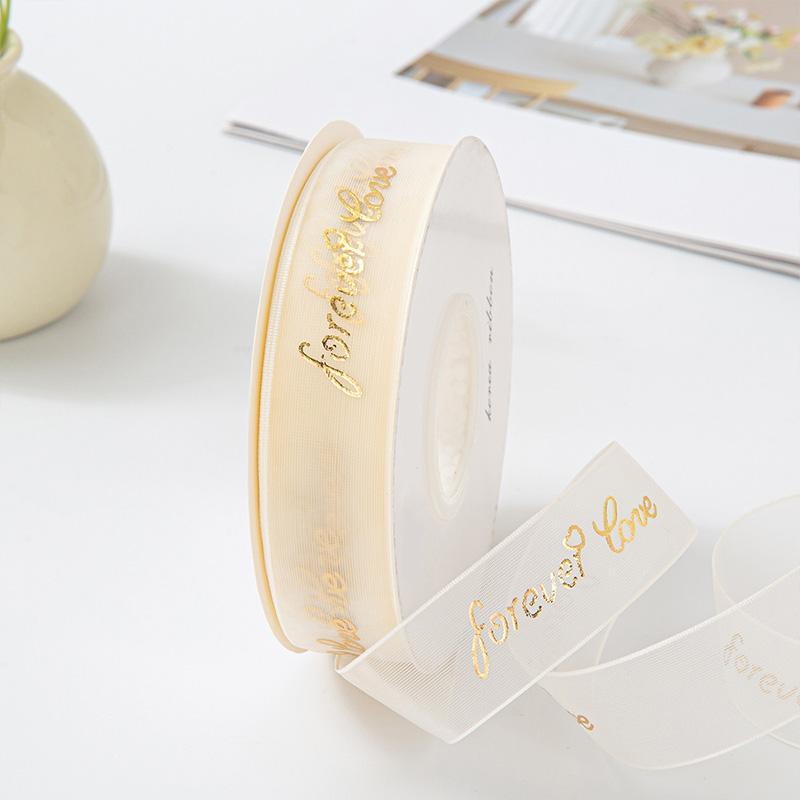 10Yards/Roll Hair Bows DIY Craft Gold Foil Snow Yarn for Gift Wrapping 2.5cm Organza Ribbon Printed Silk Ribbons