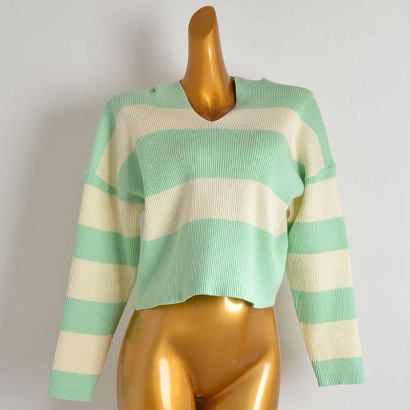 

Spring & Fall New Arrival Contrast Color Stripes Hooded Knitwear Sweaters Women s Clothing Loose Slimming and Short Long Sleeve Outer Wear Blouse Tide Contrast Color Stripes One size