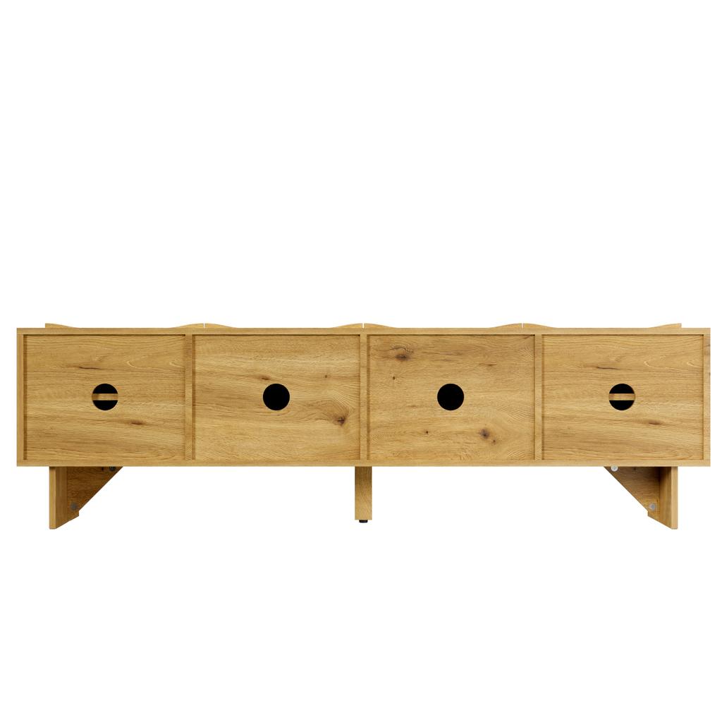 Modern TV cabinet with wave pattern – 155 cm media console with storage space, four doors and cable grommets in wood look, for the living room