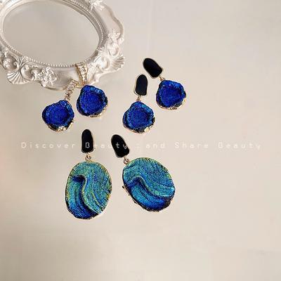 Blue Textured Zircon Earrings for Women Personalized Exaggerated Light Luxury Artistic Statement Jewelry Trendy Gift