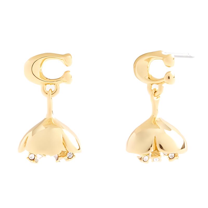 COACH Signature Flower Pendant Brass Plated Earrings Women s Gold