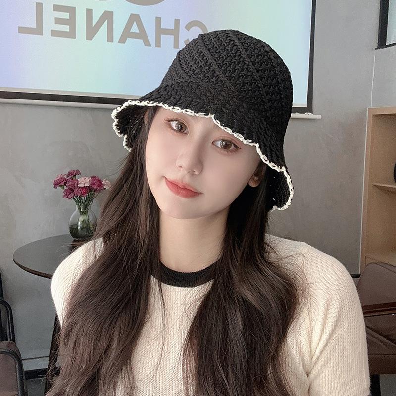Straw hat female summer face small sunshade sunscreen straw bucket hat outdoor beach hollow breathable sun hat