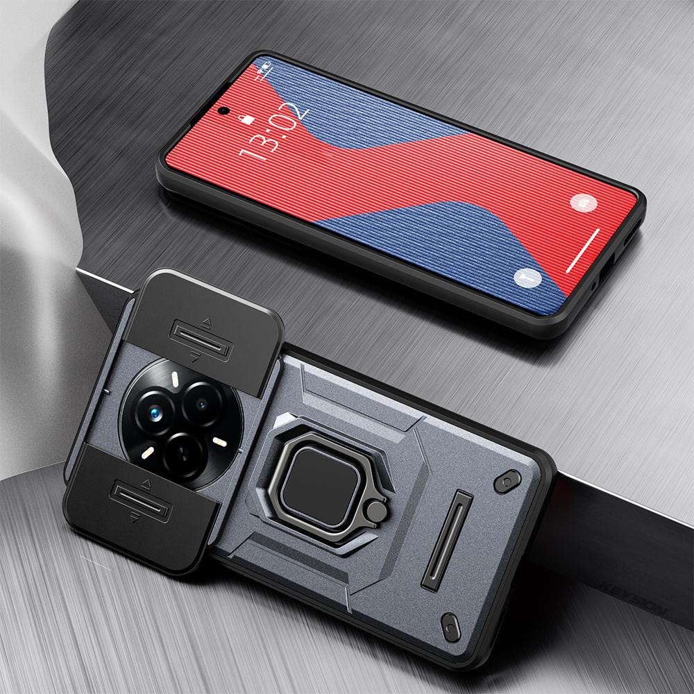 KEYSION Stoßfeste Hülle für Realme 14 Pro+5G Schiebekamera-Schutz Metallring-Ständer Handy-Rückabdeckung für OPPO Realme 14 Pro 5G