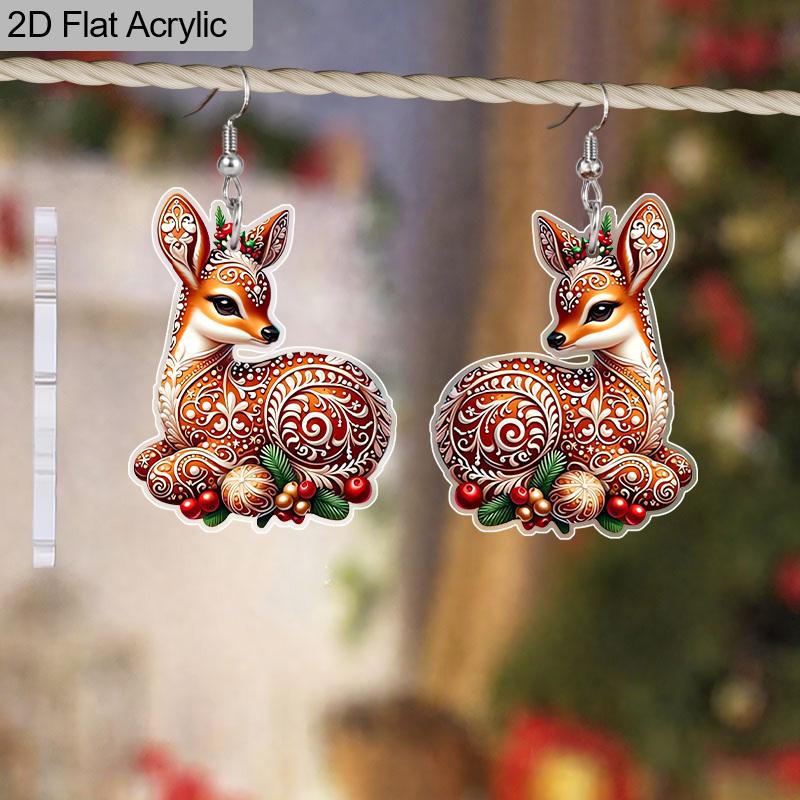 2D Flat Christmas Cartoon Christmas Elk Pattern Earrings Jewelry Gift for Women Female