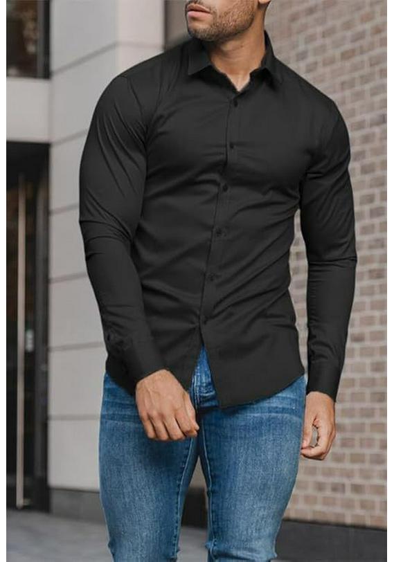 Men’s High Elasticity Seamless Long Sleeve Solid Color Business Shirt