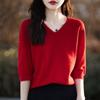 V Neck 1 2 Sleeve Loose Knit Sweater Solid Color Pullover For Women