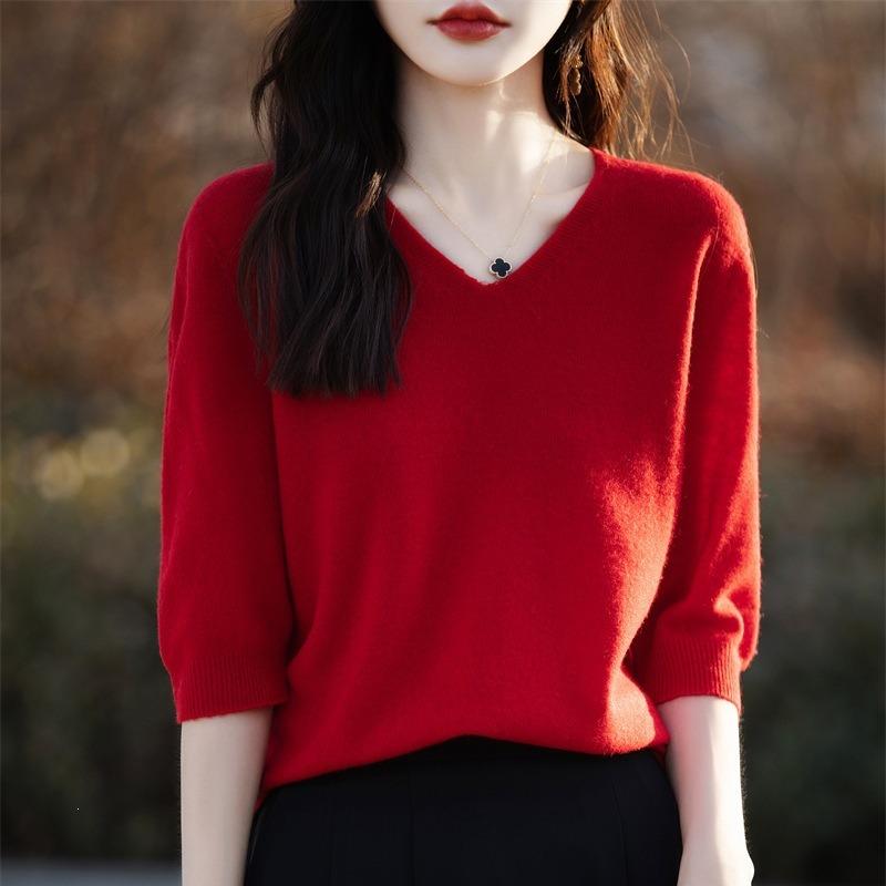 V Neck 1 2 Sleeve Loose Knit Sweater Solid Color Pullover For Women
