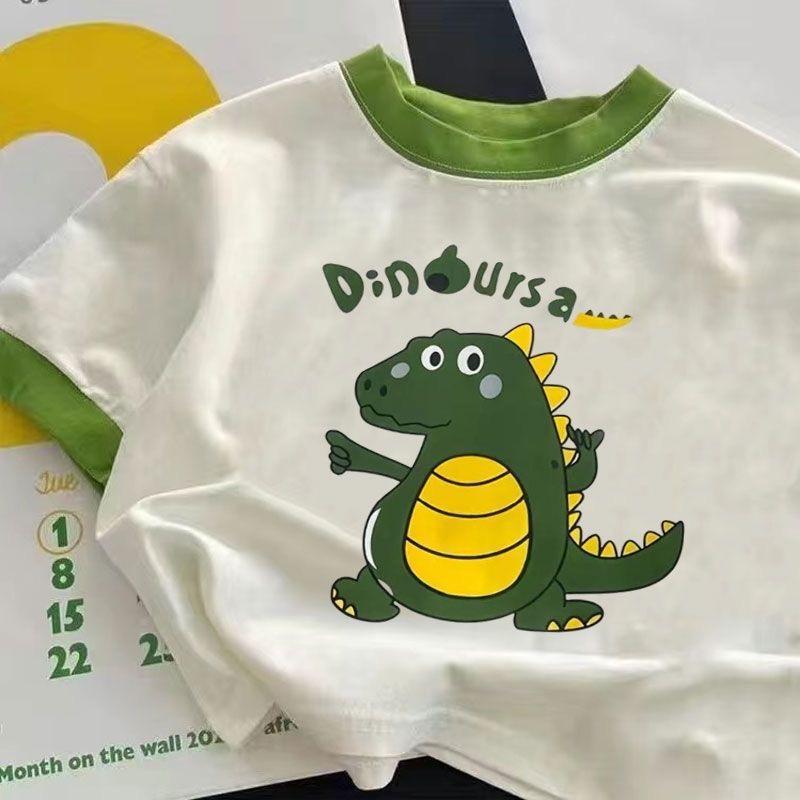 Summer Kids Cotton T Shirt Dinosaur Print Block Round Neck Short Sleeve Top For Boys And Girls
