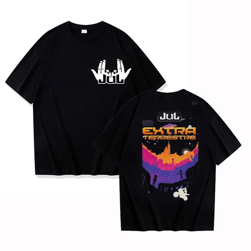 Oversized Black Short-Sleeve T-Shirt Featuring Jul  Extra Terrestre  Alien City Dual-Sided Graphic Print For French Rap Fans 4XL