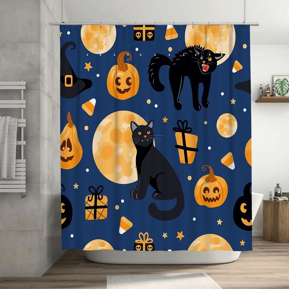 Halloween Decor Shower Curtain Black Cat Pumpkin Pattern Waterproof Fabric Printed for Bathroom Accessories Set In Bathrooms Kit