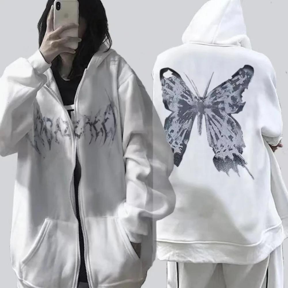 Gothic Style Aramid Hoodie Butterfly Zipper Sports Hoodie Full Sleeve Polyester Fiber Women's Fashion Casual Streetwear