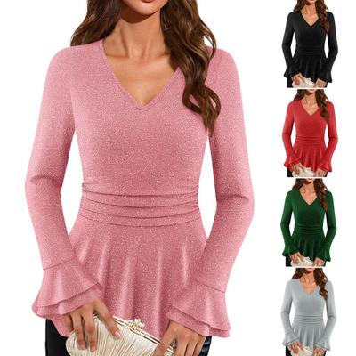 Women Ruched Ruffle Pullover V Neck Long Sleeve Shirt Elegant Sparkly Tunic Slim Fit Casual Top for Dating Work Party