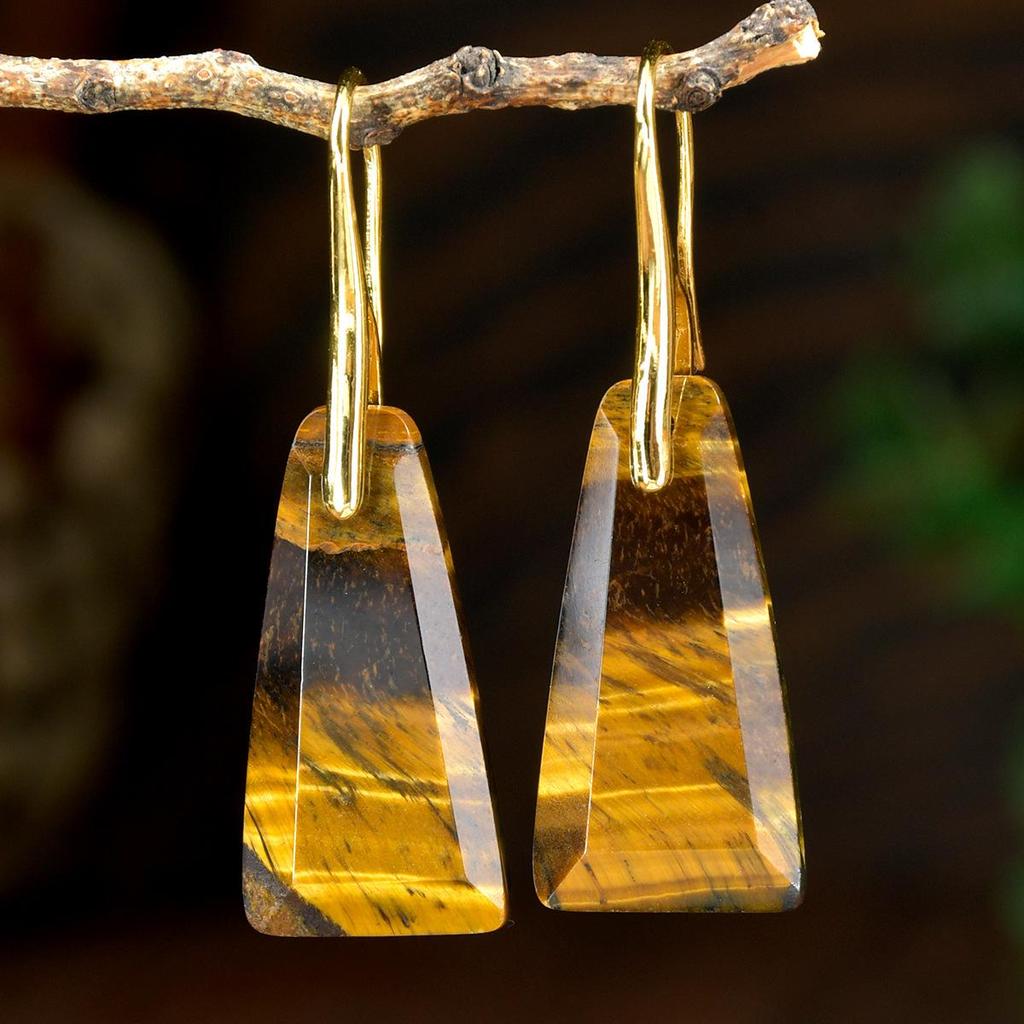Faceted Trapezoidal Natural Stone Earrings for Women - Luxury Tiger Eye Danglers