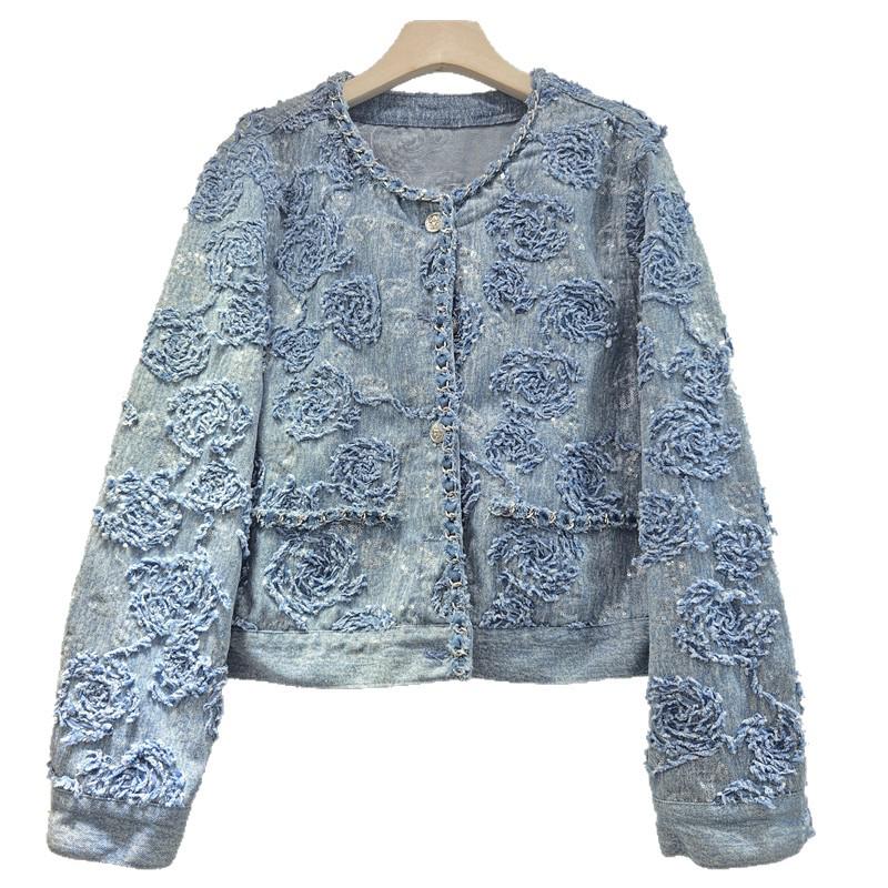 2026 Stylish Women's Korean Embroidered Jacquard Denim Jacket - Elegant Spring/Autumn Top