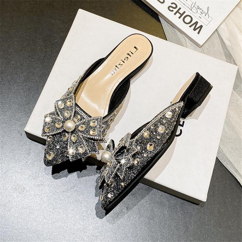 Women Slippers Fashion Rhinestone Sequins Slip On Square Heel Pumps Lady Classic Black Beige High Quality Comfort Summer Shoes