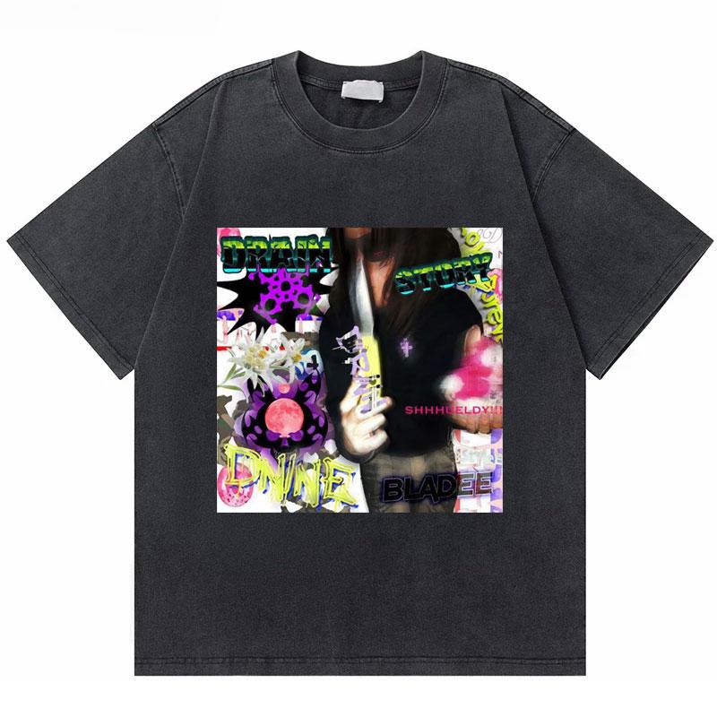Washed Vintage Rapper Bladee Hip Hop Oversized Tshirt Drain Gang Graphic Tshirt Men Women Fashion Artistic Sense T Shirts