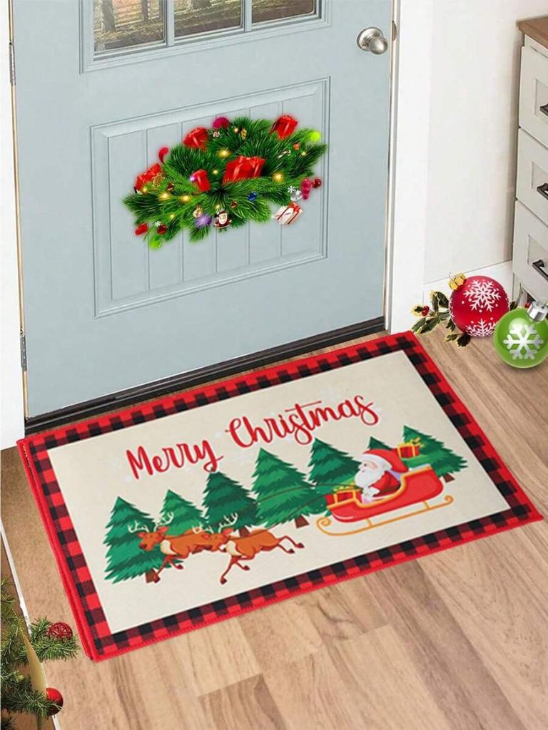 VIKAMA Christmas Crystal Velvet Floor Mat Washable Entry Welcome Door Mat Kitchen Living Room Carpet Home Christmas Decoration