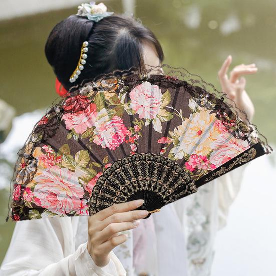 Éventail pliant Vintage en dentelle, motif de fleur de pivoine, éventail de danse chinoise portatif, main d'été pour la photographie et les événements de danse