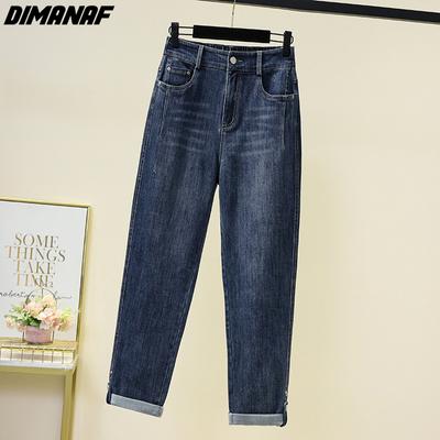 DIMANAF 2022 New Plus Size Jeans Basic Elastic Pants Loose  Autumn Women Casual Female Blue Trousers Pants 5XL