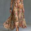 Elegant Long Sleeve Digital Print A-Line Dress With Collar Tie Detail