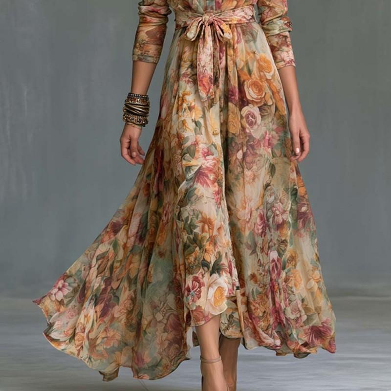 Elegant Long Sleeve Digital Print A-Line Dress With Collar Tie Detail
