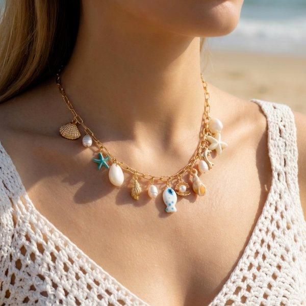 Boho Buntes Muschel Halskette Für Frauen Gold Farbe Seestern Muschel Jakobsmuschel Perlen Anhänger Choker Sommer Strand Urlaub Resort Schmuck