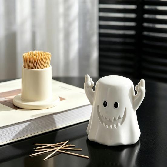 Middle Finger Ghost Toothpick Box, Halloween Ghost Toothpick Holder Dispenser, Dental Floss Swabs Toothpick Container for Kitchen Countertop