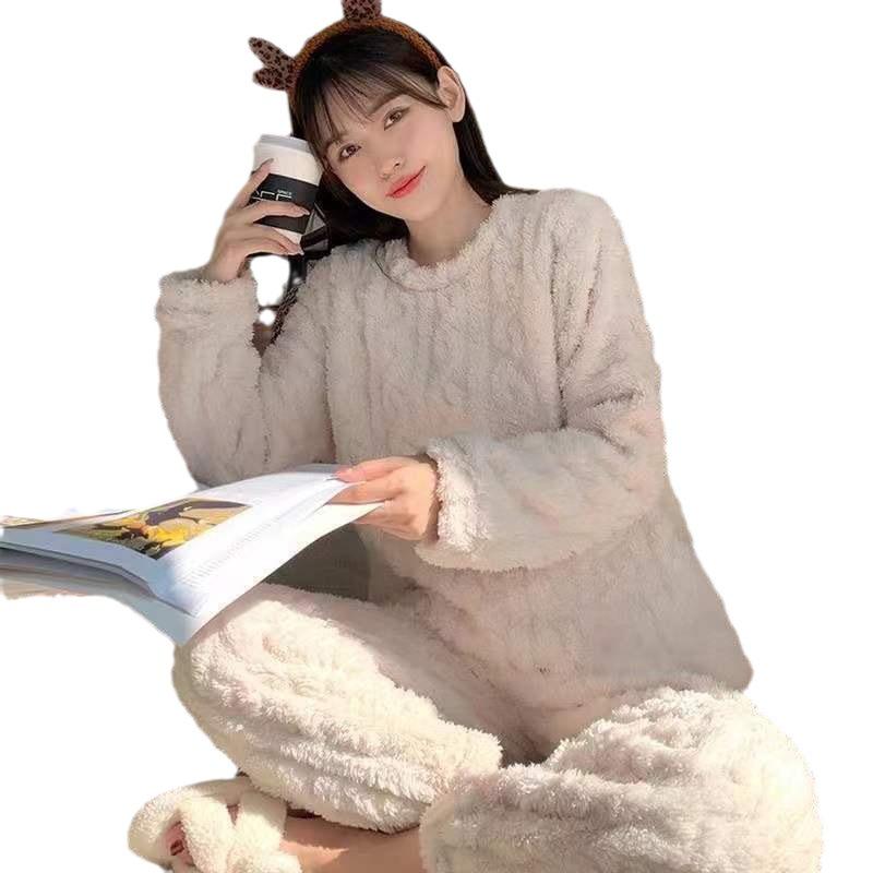 Einfarbiges Damen-Jacquard-Shu-Baumwollfleece-Pyjama-Set - Warm, dick, langärmelig, Homewear für Herbst und Winter.