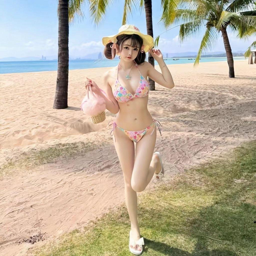 Korean Style Floral Pleated Tie-Up Bikini Swimsuit for Women