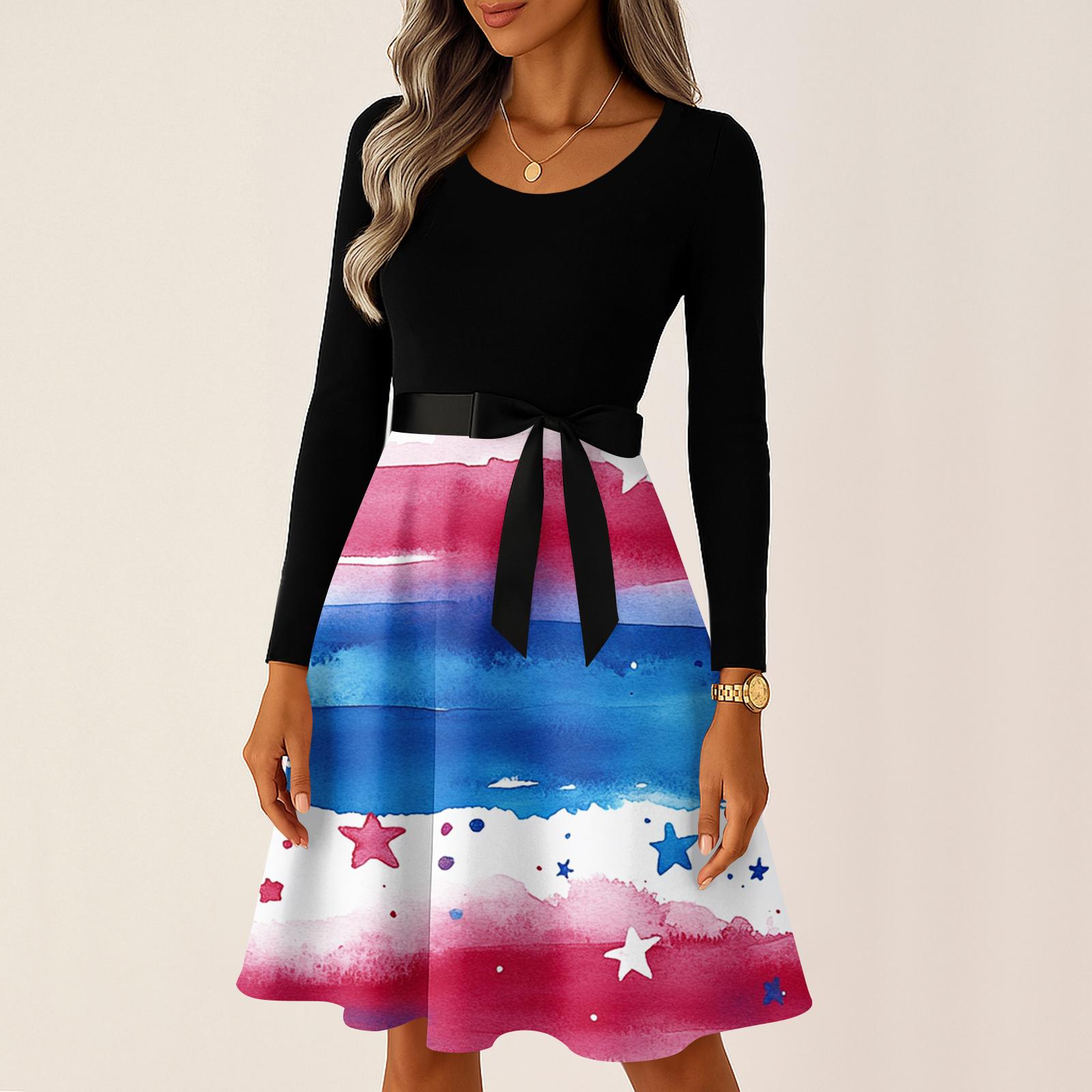 Ladies  Casual And Fashionable Round Neck Long Sleeved Retro Independent Day Print Retro Dress S синий