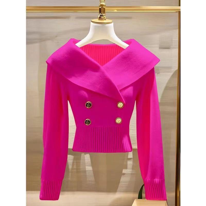 2026 Autumn/Winter French Chic White Lapel Knitwear: Women's Elegant, Waist-Cinched Slimming Sweater.