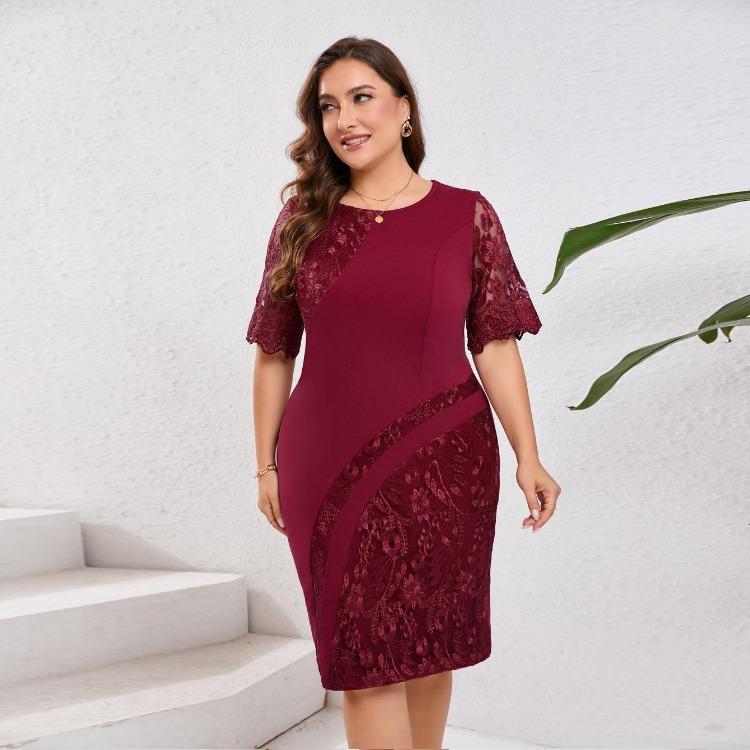 Plus Size Women Cocktail Dress Slim Fit Embroidered Lace Stitching Elegant