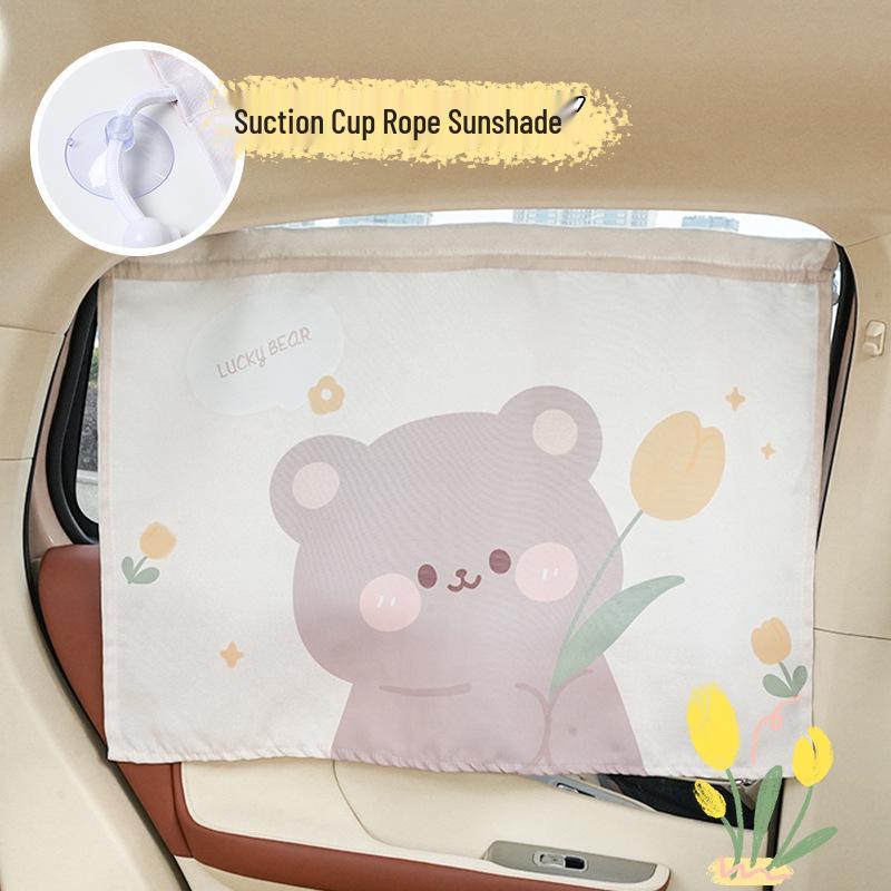 Cute Cartoon Car Sunshade Curtains - Suction Cup Style for Heat Insulation and UV Protection.