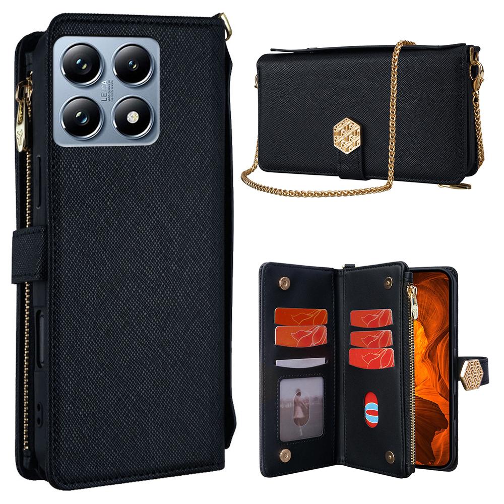 

For Xiaomi 14T Pro Case Cross Texture PU Leather+TPU Wallet Phone Cover with Strap Black
