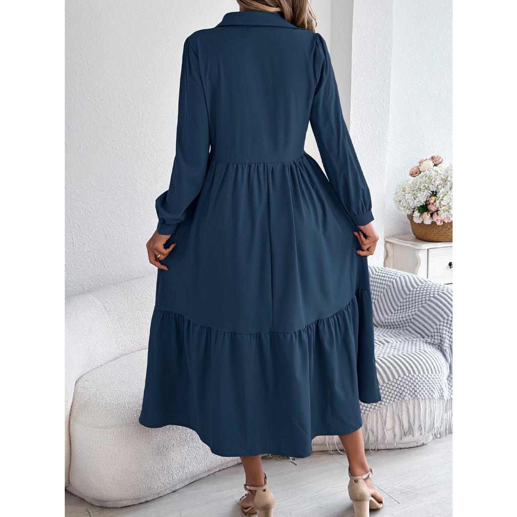 GMXIA Autumn and Winter Lapel Casual Loose Long-sleeved Ruffled Shirt Dress for Women