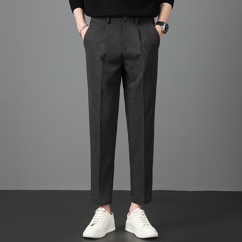 Light luxury winter woolen trousers men's casual pants men's slim straight trousers British elastic casual trousers nine points
