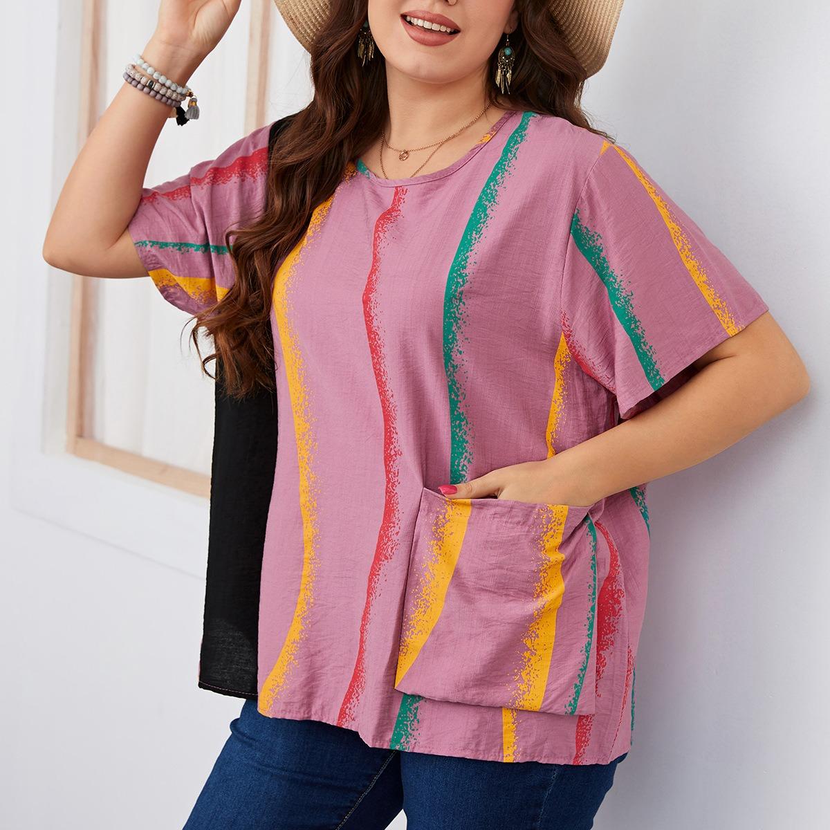 Женская летняя модная рубашка в полоску с принтом в стиле пэчворк и карманами — фото 12