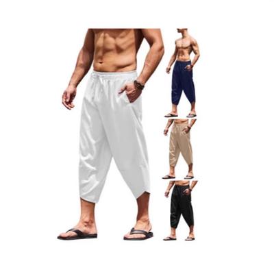 Men Summer Solid Color Capri Pants Harem Shorts Men Elastic Waist Drawstring 3/4 Length Cropped Trousers Baggy Sweatpants