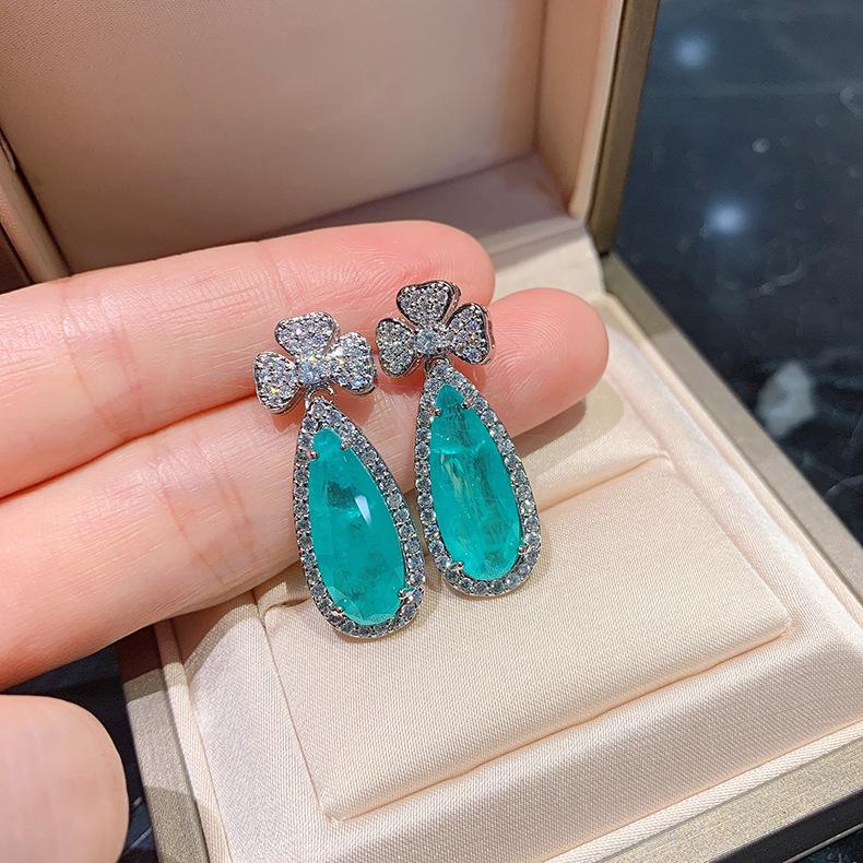 New Simulation Paraiba Necklace Ear Hanging Emerald Pear Shaped Banquet Jewelry Set 8X20