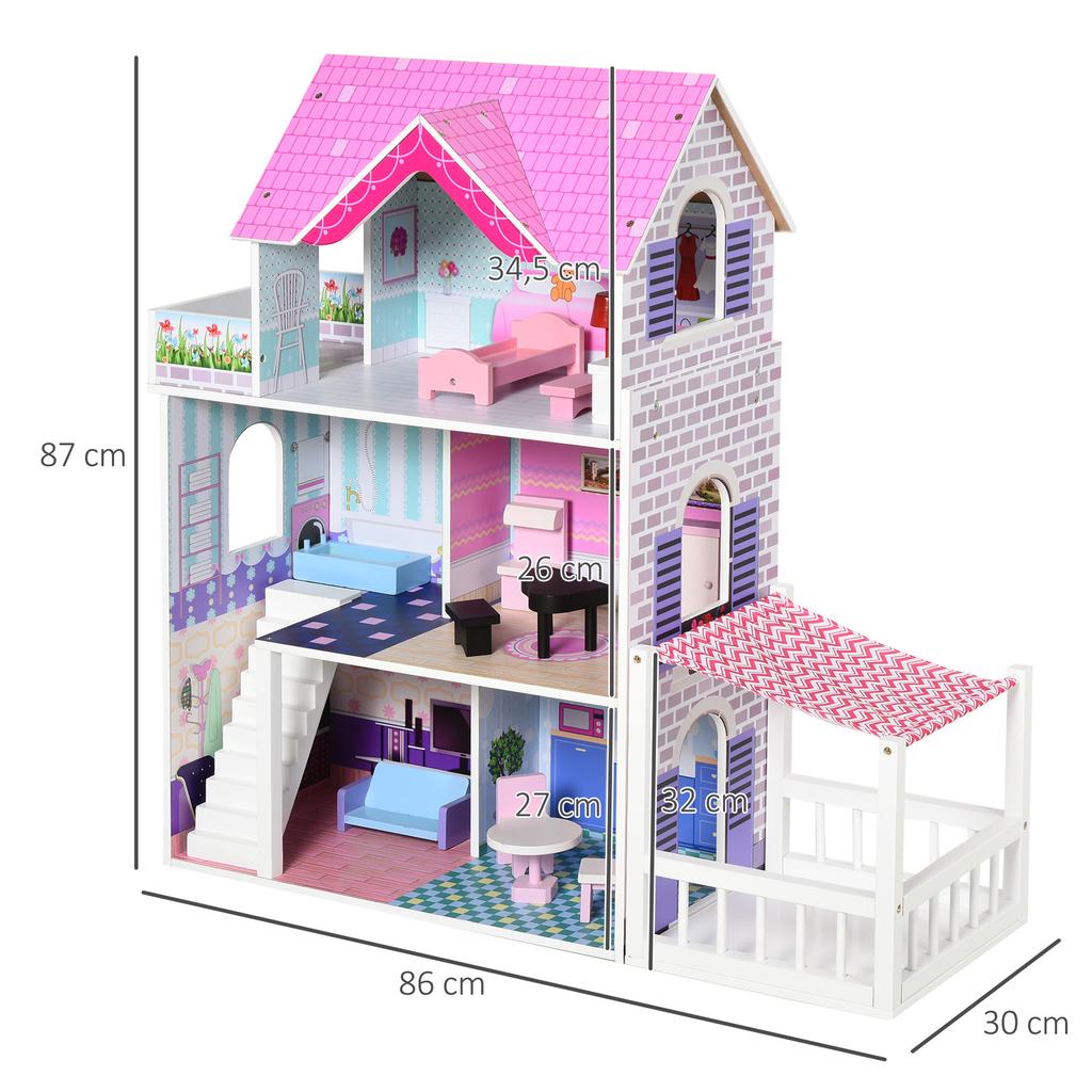 Dollhouse, Wooden 3-Story, Patio, 86 x 30 x 87 cm, 13-Piece Furniture Set, Pink