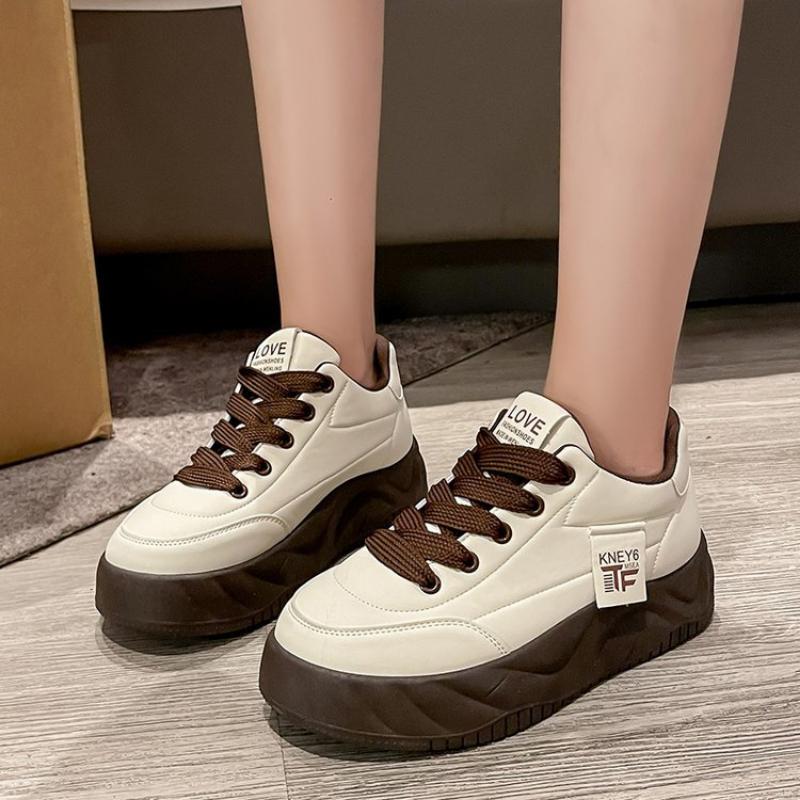 Autumn and Winter Women's Thick-soled Sneakers, Women's Sneakers, White Sneakers, Low-top Round-toe Lace-up Casual Shoes