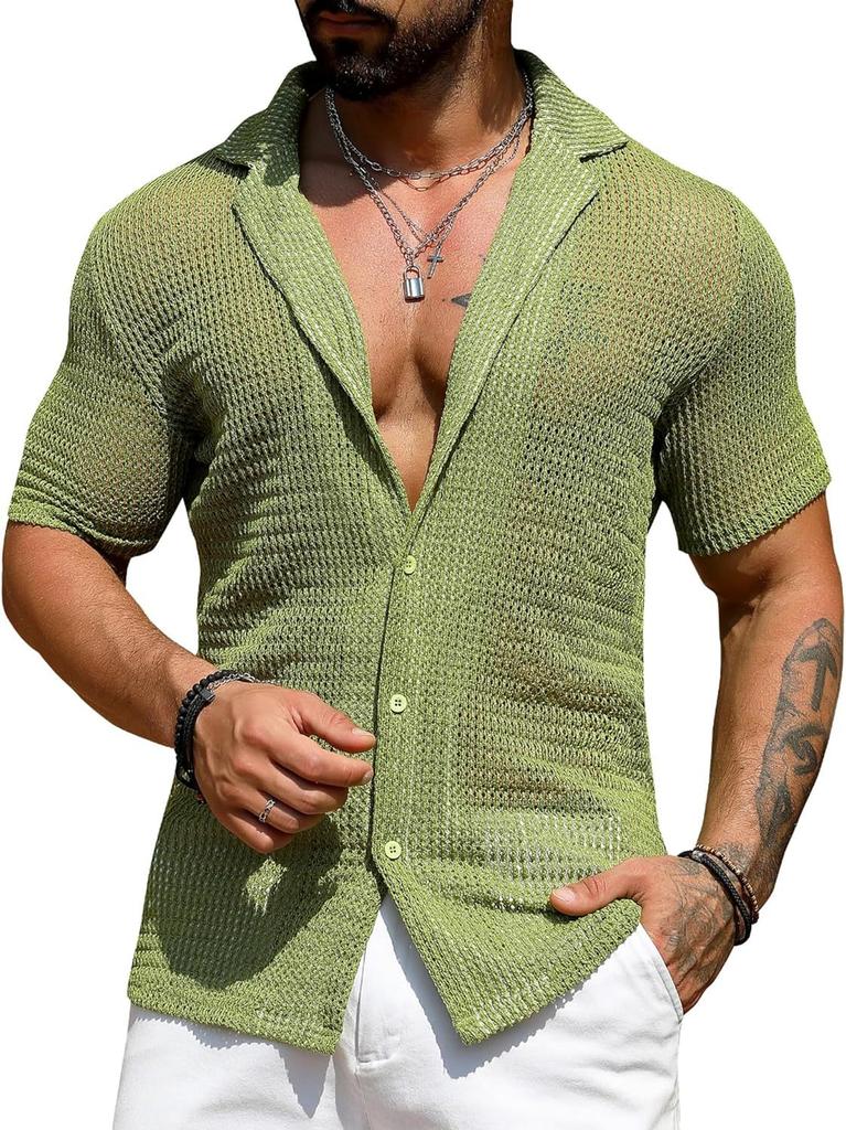 European And American Men'S Summer Cool Shirt Men'S Casual Knitted Sweater Hollow Breathable Short Sleeve Lapel Fashion Men'S Clothing