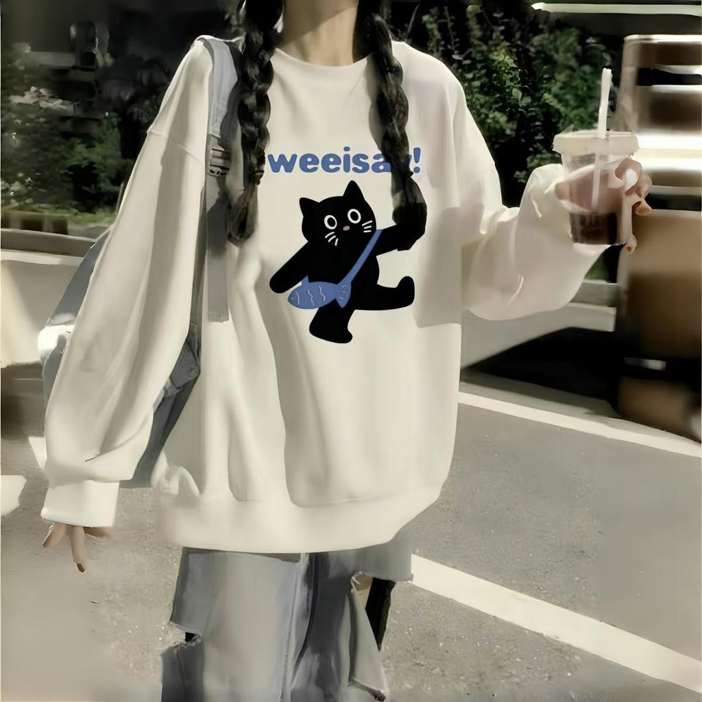 Spring 2025 Girls' Cotton Crew Neck Fleece Sweatshirt, Big Kids, Middle & High School, Loose Fit, Long-Sleeved, No Hood