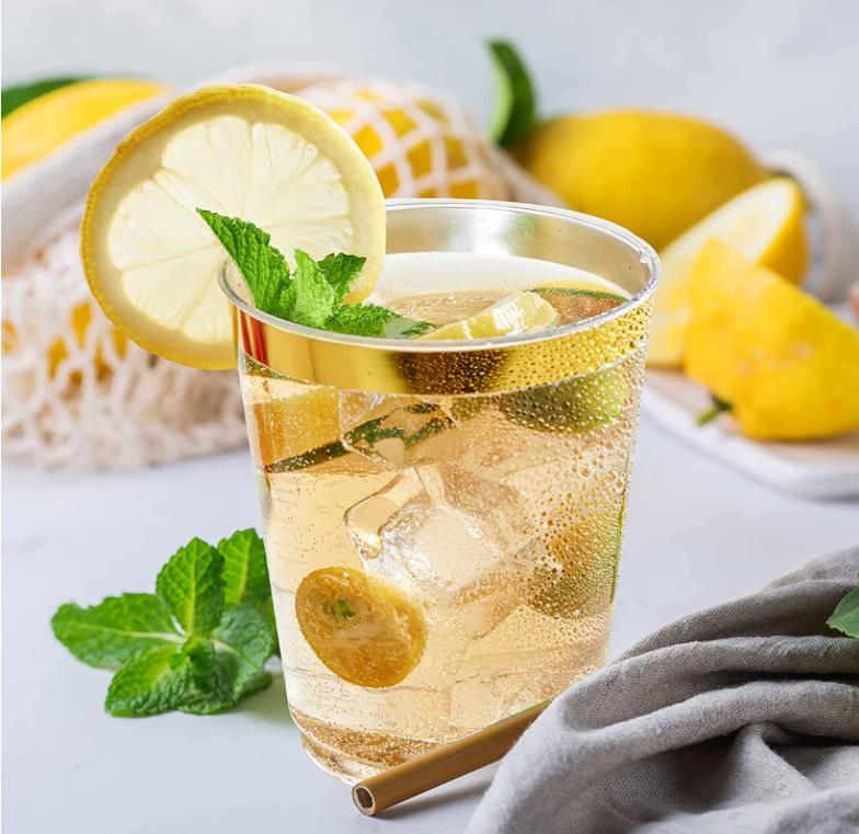 50 Pack Gold Rimmed Plastic Cups 10 Oz Clear Tumblers Fancy Disposable Hard Plastic Cups with Gold Rim for Wedding Elegant Party