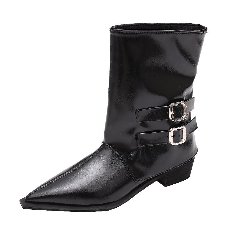New short boots women's boots medium tube pointed head belt buckle spring and autumn knight boots trouser tube thick heel boots fashion sleeve