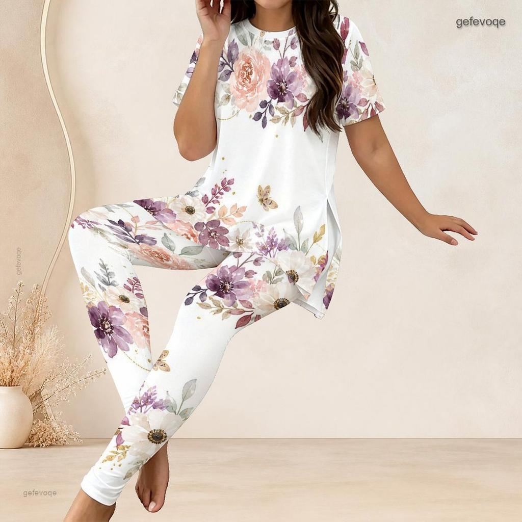 Women Plus Size Two Piece Set Round Neck Short Sleeve Floral Printed Longline Top Fitted Pants Light Green