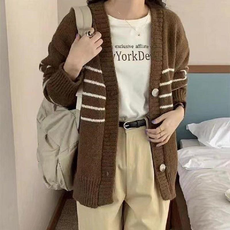 Japanese-Korean V-neck Striped Knit Cardigan for Women - Autumn/Winter Casual, Loose-Fit Design