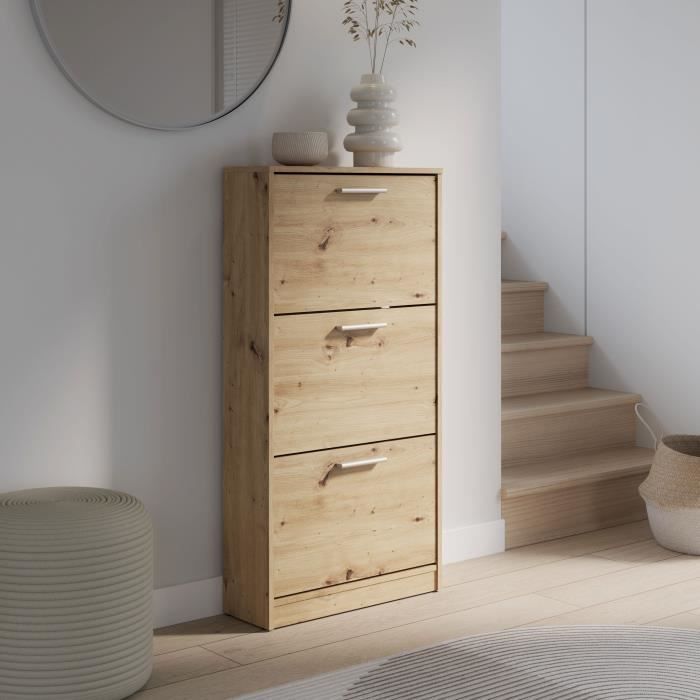 Shoe Storage - 6 Pairs - Oak Decor - 3 Flip-top Doors - W58.2 X D20.4 X H115.5 Cm - MAC