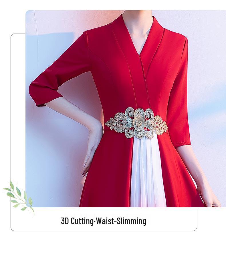 Women's Long Red Choir Performance Dress for Stage, Hosting, and Poetry Recitation Competitions - New Style Atmospheric Costume