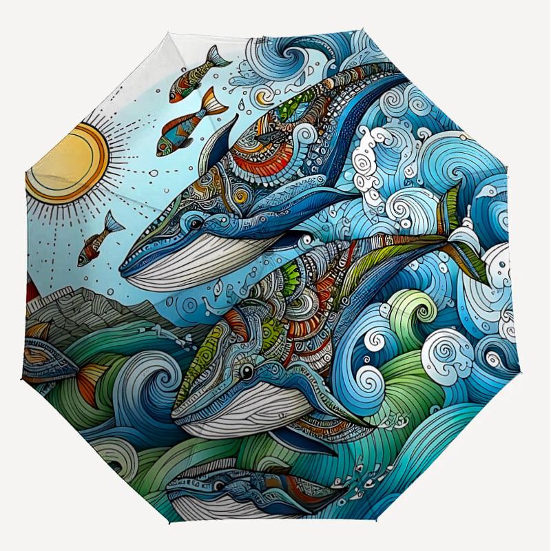 1PC Whale Ocean Automatic Open/Close Umbrella with Windproof, 8-Rib Sturdy Canopy, Durable Ribs, Fashionable Design, Outdoor Accessory, Fun Prin, Holi